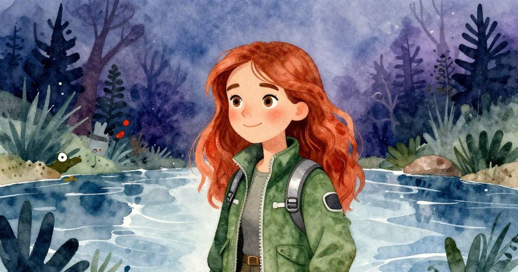 Elena在柔和溪流邊靜思，水面倒映出她沉思表情與四周自然之美，營造出魔幻寧靜氛圍。