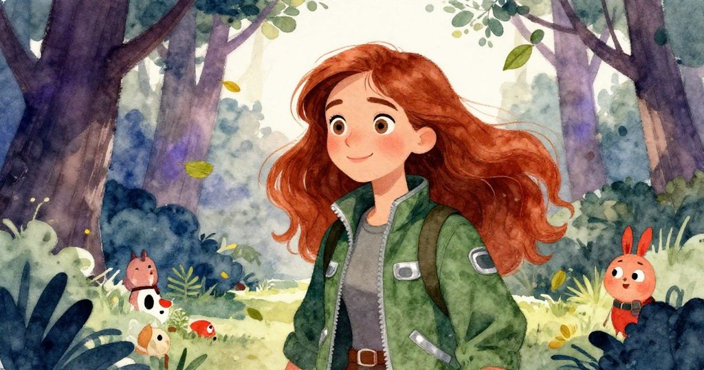 Elena在微風中臉帶微笑，周圍輕舞的樹葉和溫暖光線呼應著當地人善意話語，傳遞出旅程恩澤。