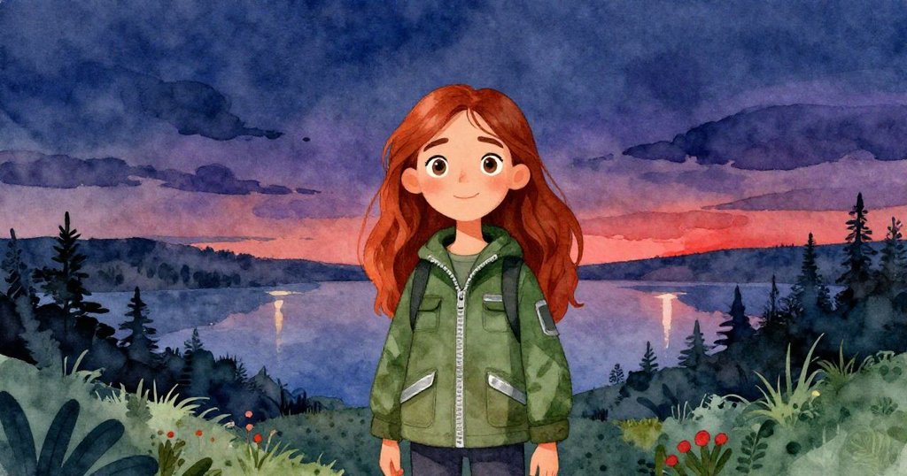 Elena在暮色中靜立於遼闊景觀前，身影微小卻滿懷回憶，展現旅程收穫與自然壯闊美景。