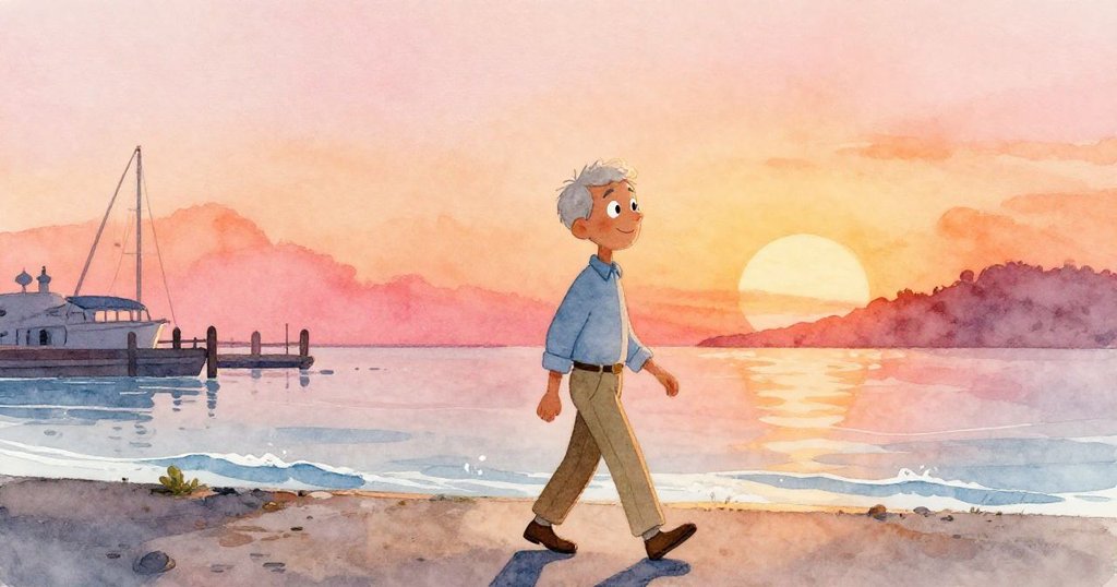 馬丁教授在海港邊散步,背影映於晨曦中,柔和海浪輕拍碼頭,臉上流露出對冒險的期待與喜悅。