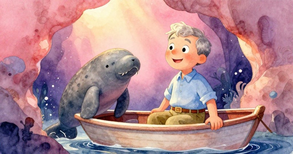 馬丁教授駕小船進入隱秘海灣,驚喜見到優雅海牛,臉上洋溢著探索與喜悅,海岸景致神秘迷人。