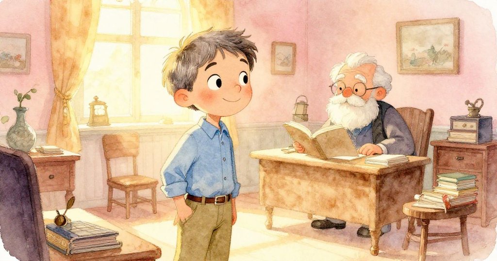 記憶中馬丁教授與退休導師在溫馨書房中討論求知,光影柔和懷舊,兩人互動親切,充滿啟發與愛。