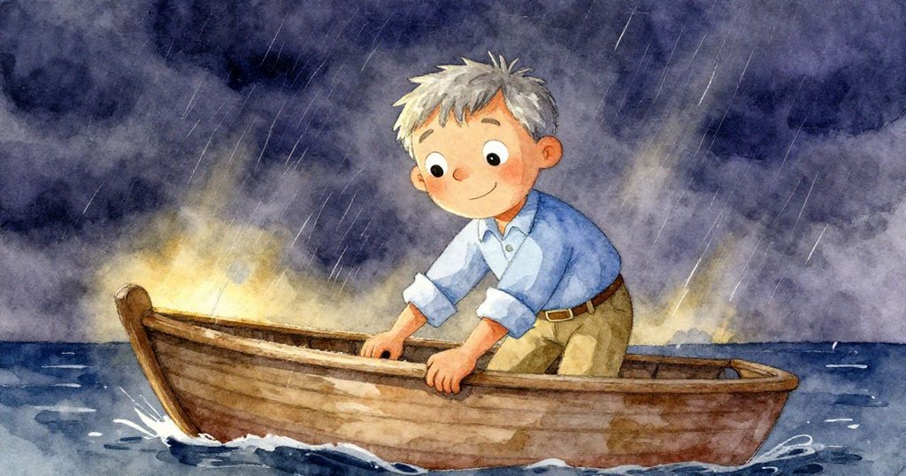 暴風降臨時馬丁教授急忙固定小船,臉上露出焦慮懊悔之色,風雨交加大海激盪起伏,充滿內心衝突。