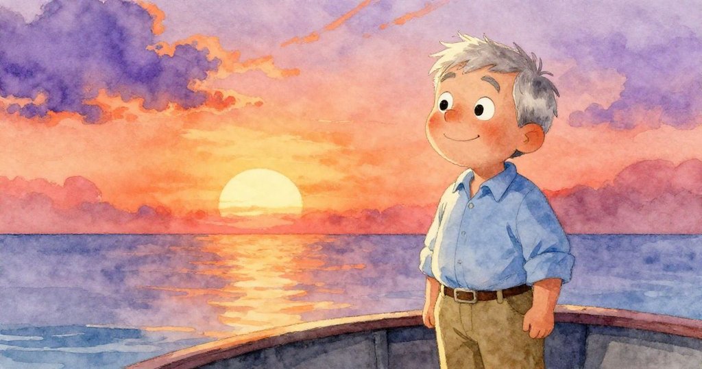 暴風過後馬丁教授站在船邊,夕陽映照下微笑揮手告別陰霾,大海寧靜溫暖,心中滿懷新冒險希望。