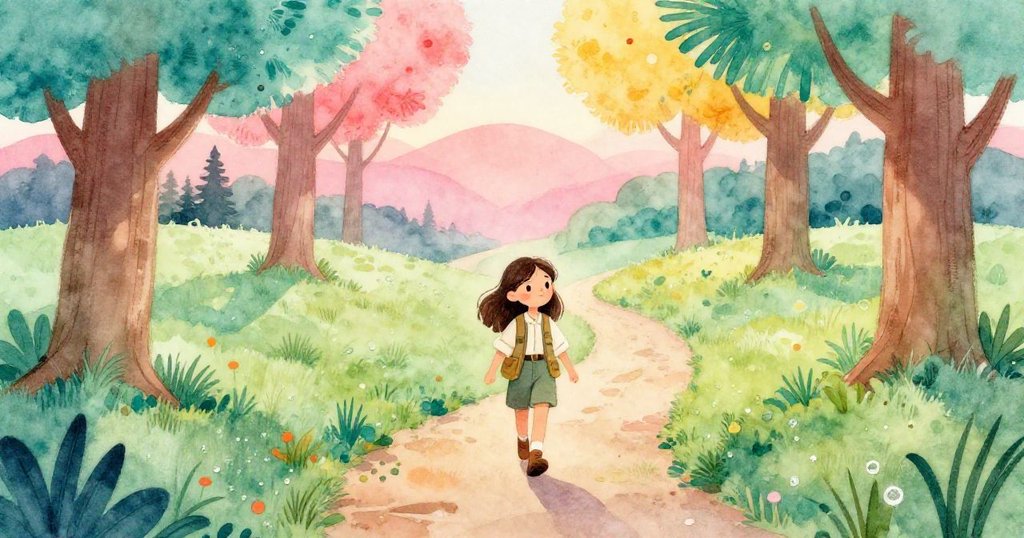 艾拉在晨曦中漫步於蜿蜒小徑,古老樹木和露水草地交織出靜謐景致,展現出探索新旅程的期待與寧靜之情。