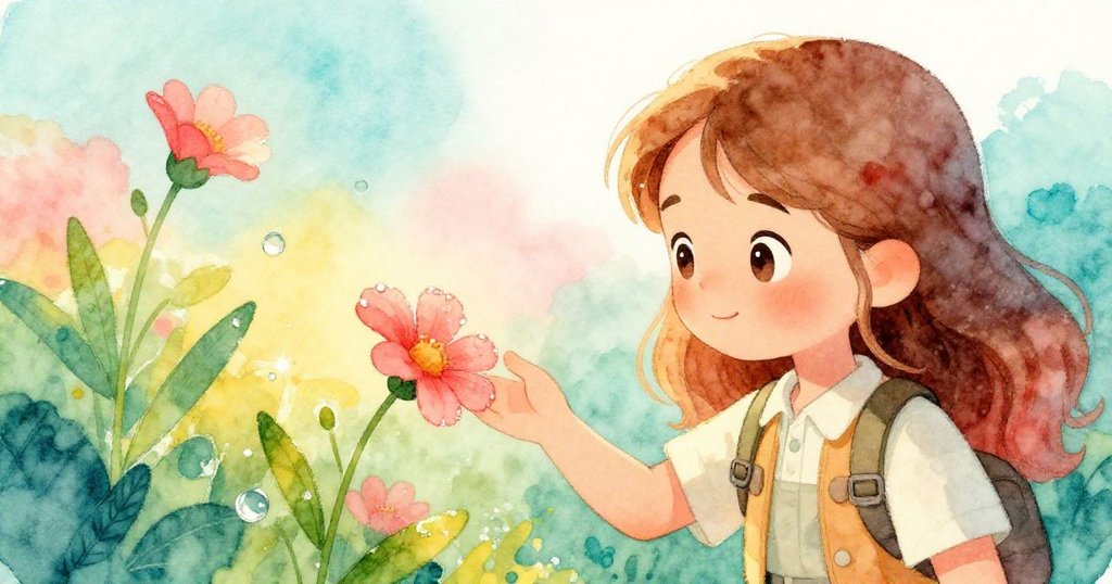 艾拉輕觸沾滿露珠的野花,特寫中呈現花瓣上閃爍的露水,充滿細膩與溫柔的探索情懷。