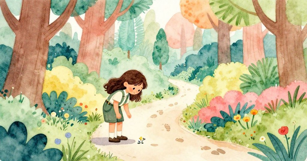 艾拉俯身察看小徑上野花和足跡,前景細膩、背景古樹重疊,展現出層次分明的自然奧秘與探索心情。