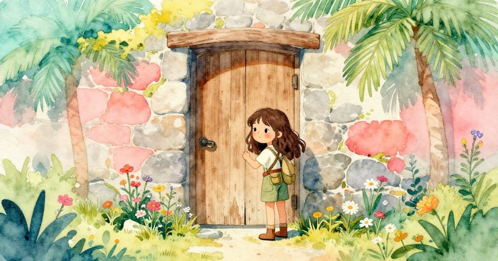 艾拉在隱蔽空地上發現石牆中老舊木門,四周野花點綴,她好奇而驚喜地伸手觸碰,感受古老秘密的召喚。