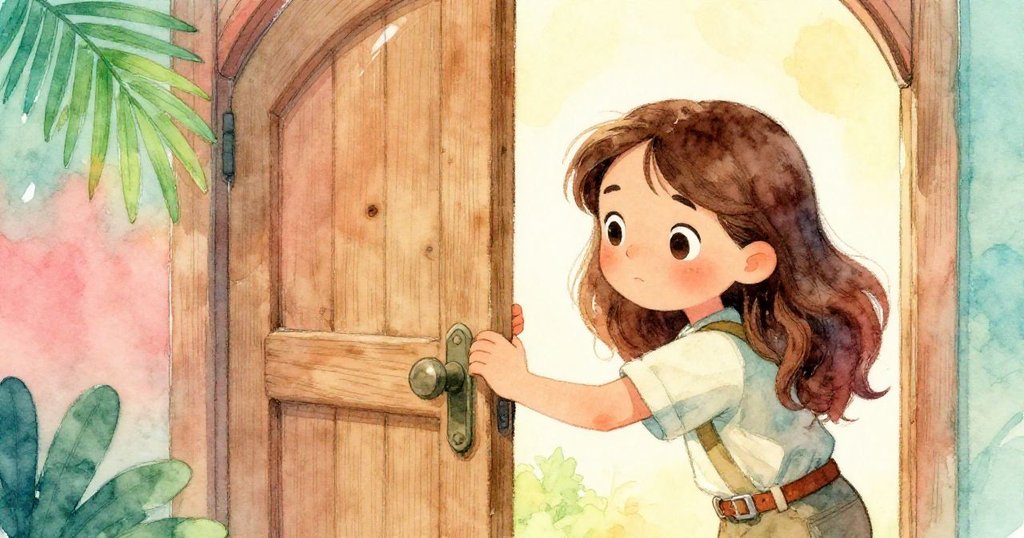 艾拉滿懷決心地推開吱吱作響的木門,特寫呈現她專注的表情與觸碰門框的堅毅瞬間,充滿期待與神秘之感。