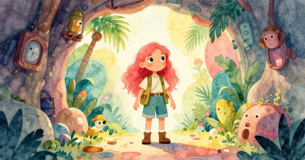 艾拉走出昏暗內室,步入明亮晨光中,背後隱約呈現古物,她臉上洋溢著充滿希望與新開始的溫暖情感。