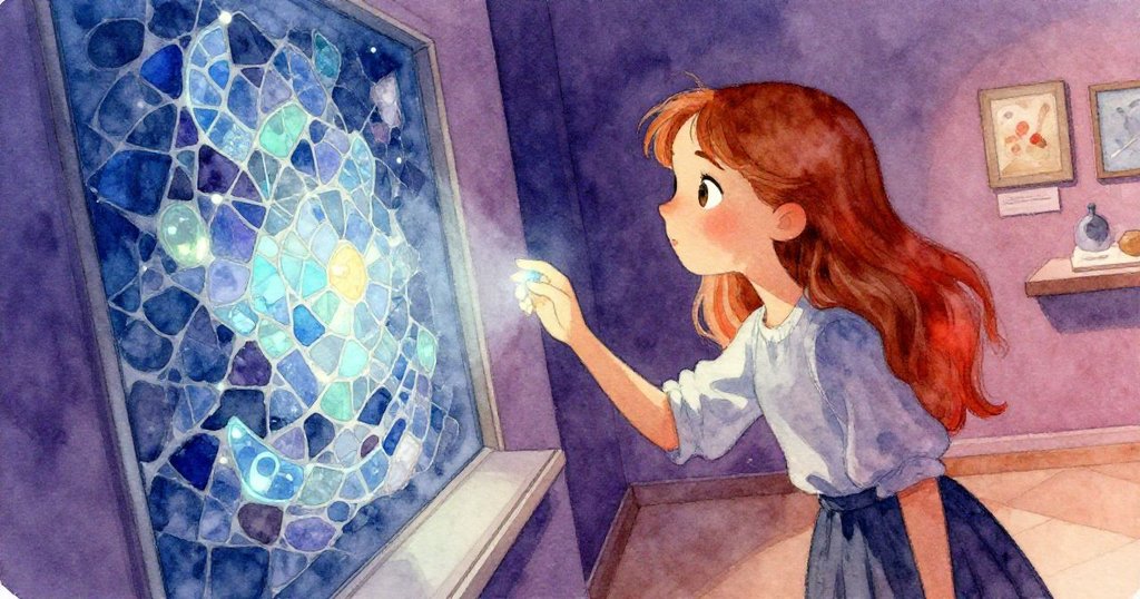 艾蜜莉在傾斜視角下仔細觀察牆上微光馬賽克，色彩漸變引人深思，透露出故事轉折與內心好奇。