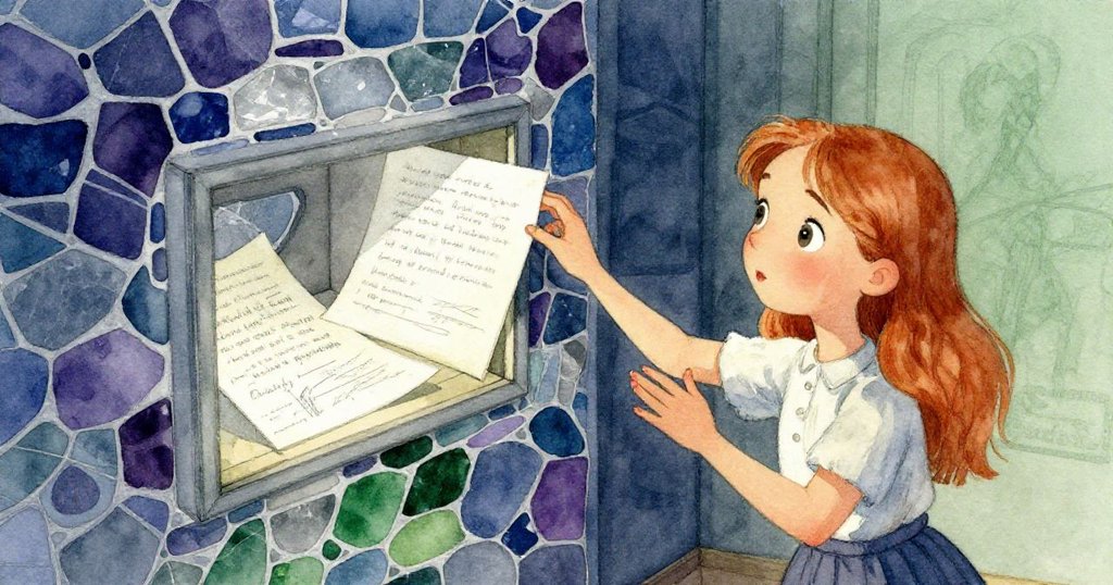 艾蜜莉輕觸馬賽克面板，秘密格局隨之打開，露出手寫筆記與素描，展現內心探索驚喜與激動。