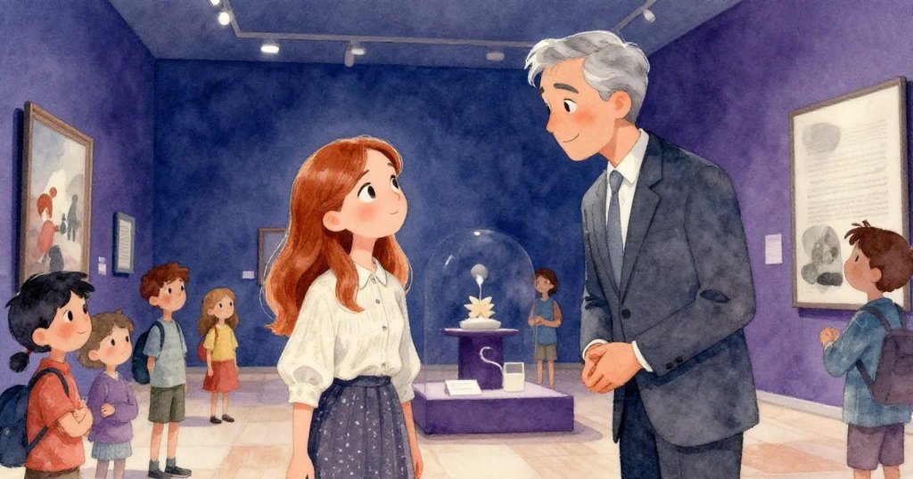 艾蜜莉與策展人在博物館裡互動交流，傾聽藝術轉變奧秘，群眾靜默觀賞，呈現故事高潮情境。