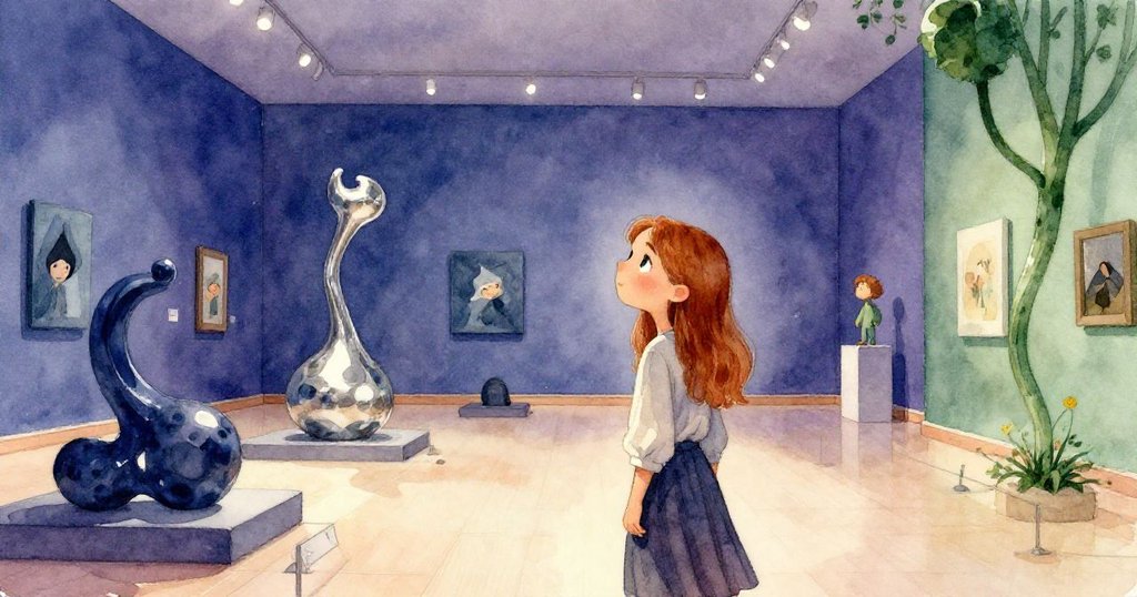 艾蜜莉在柔和燈光中獨坐博物館大廳，反思藝術魅力與發現之旅，周圍觀眾靜謐，展現故事平和結局。