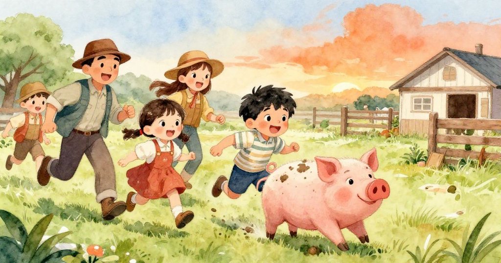 孩子們在農場追逐奔跑，豬仔靈活跳躍，動作生動熱鬧，展現故事高潮時充滿歡樂的追逐場面