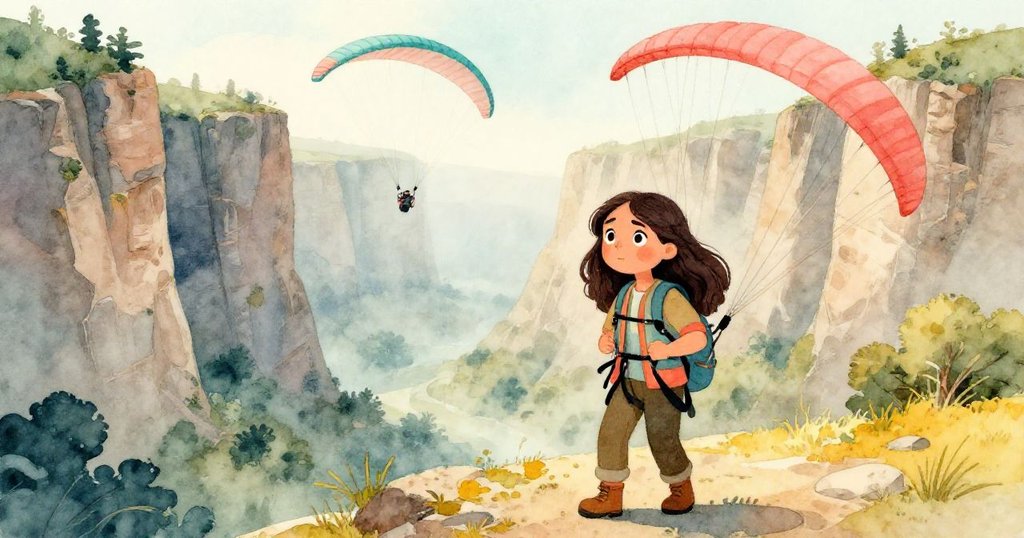 艾芙琳站在古老山谷邊緣，清晨霧氣繚繞，準備起飛，臉上充滿期待與神秘感。