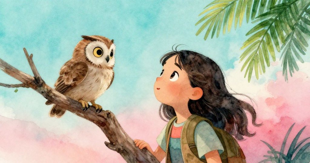 艾芙琳仰望著天際，一隻小貓頭鷹靜靜棲在扭曲的樹枝上，兩者互動中充滿驚奇與溫柔。