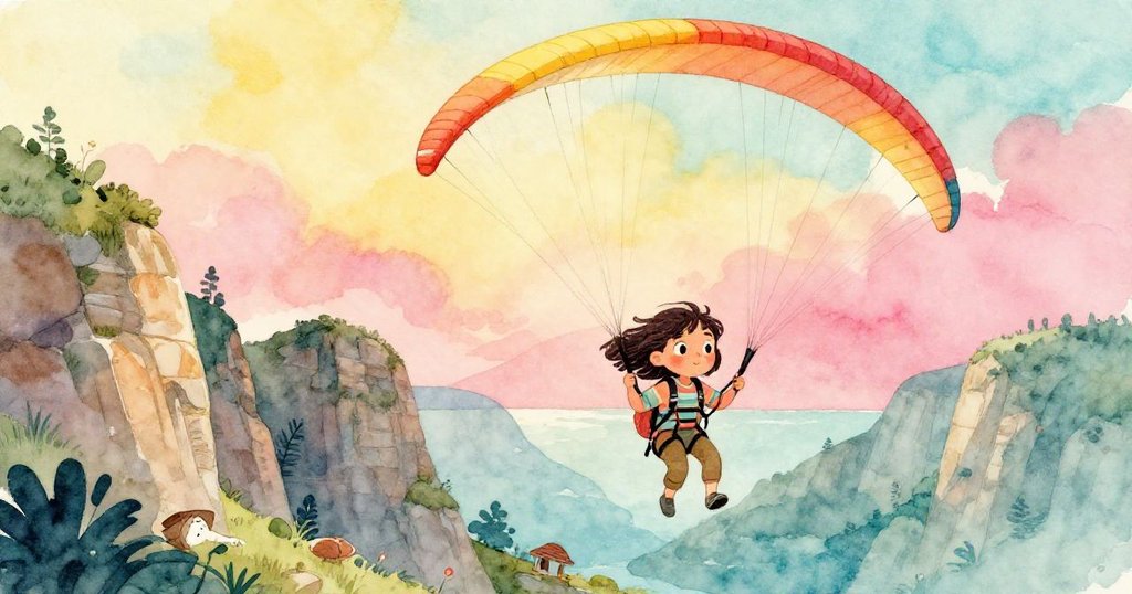 艾芙琳乘坐滑翔傘飛越岩石懸崖，充滿興奮與自由，背景層次分明，展現大自然的壯麗。