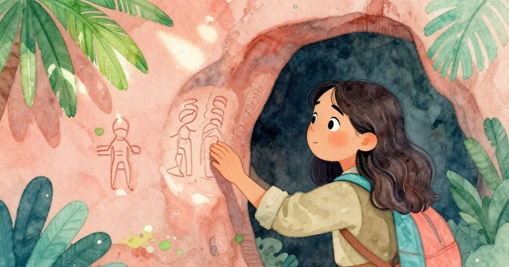 艾芙琳在隱秘岩壁凹室中仔細觸摸古老雕刻，陽光斑駁投射出神秘光影，充滿敬畏之情。