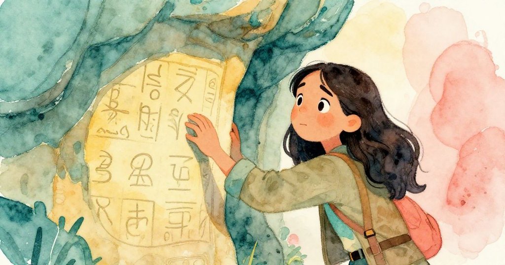 艾芙琳著陸後面對岩石上的古老符號，神情複雜充滿堅定與脆弱，手指輕撫出隱藏的故事。