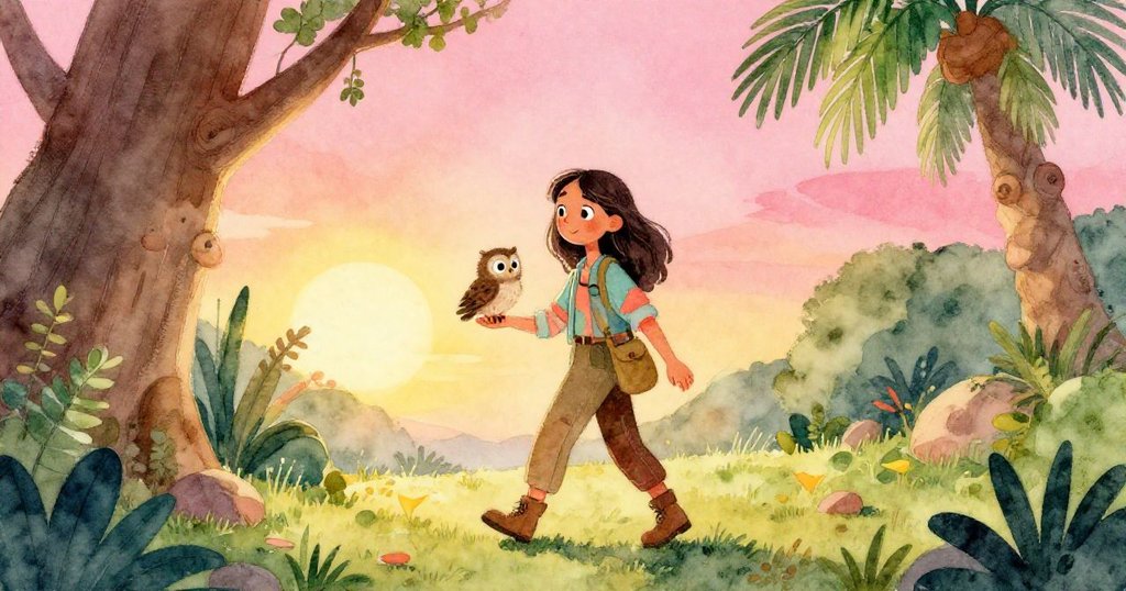 午後金光照耀神秘洞穴，艾芙琳邁步前行，手中棲著一隻小貓頭鷹，展現自然與奇幻的和諧延續。