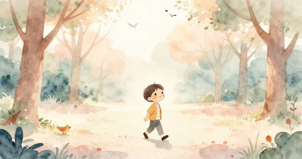 敘述者在晨曦中進入公園，臉上掛著期待的笑容，周圍有綠樹和飛翔的鳥兒，充滿溫暖與希望。