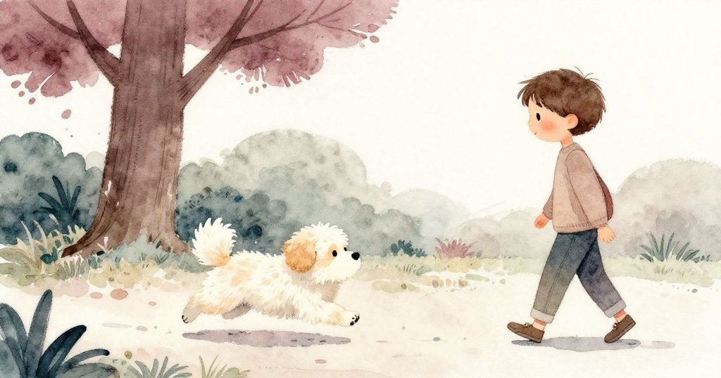 敘述者在公園小徑上行走，注視著一隻毛茸茸的狗奔跑於暗樹下，腳步輕快，臉上流露著驚喜與快樂。