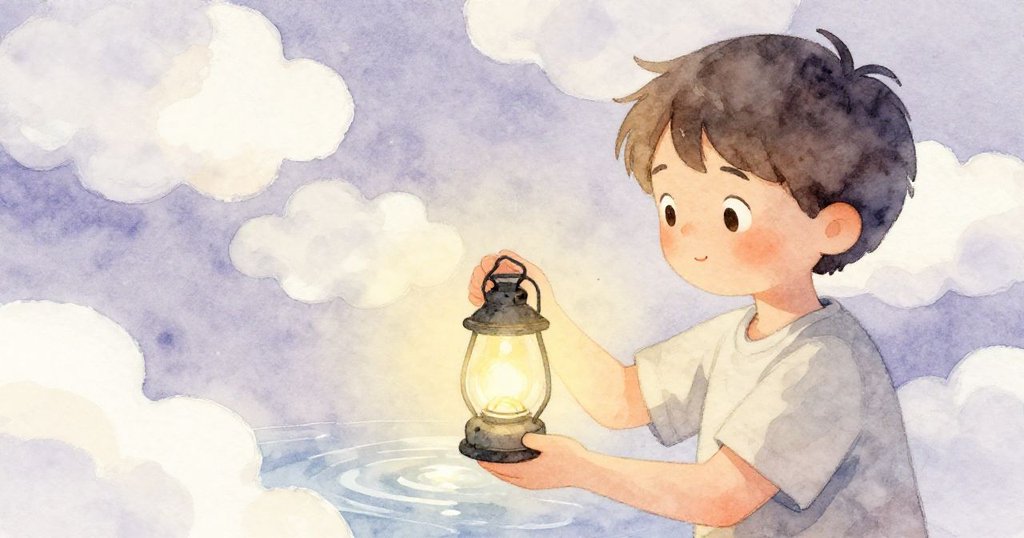 敘述者手持小燈透過池面反映看到天空中緩慢漂移的雲朵，臉上流露出沉醉與夢幻般的神情。