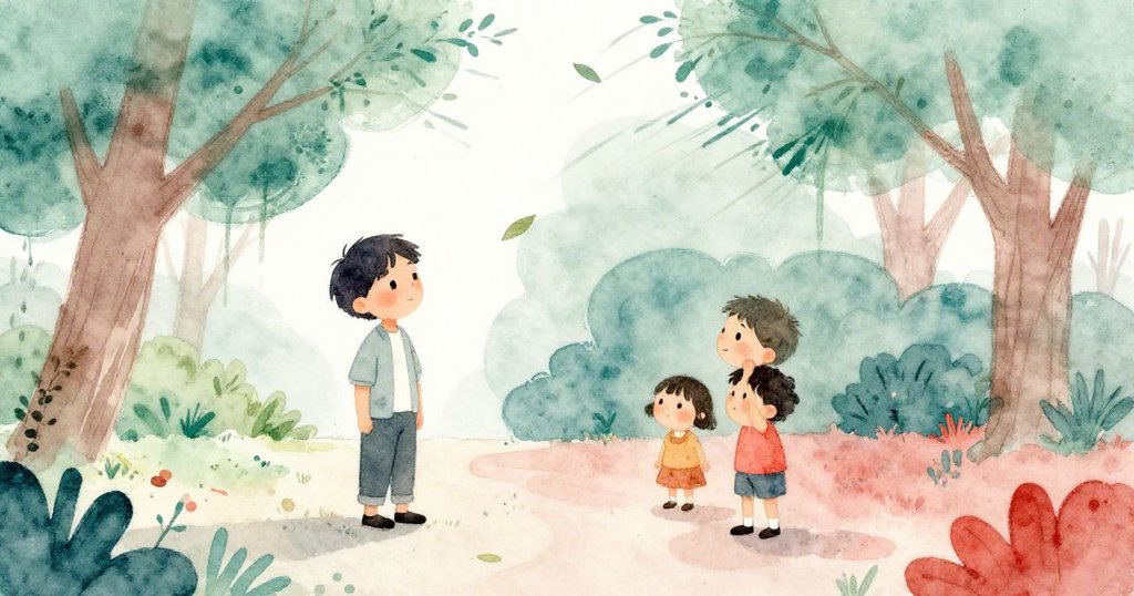 敘述者在綠蔭樹林下靜聽著風拂葉動與鳥鳴，專注又平靜，環境展現出季節變換與自然魅力。