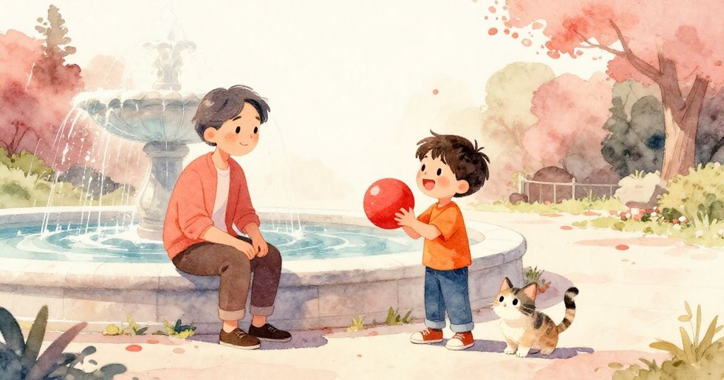 敘述者與男孩在池泉邊快樂交談，男孩手握紅球，忽見一隻迷路的小貓加入，他們臉上皆露出溫馨驚喜的笑容。