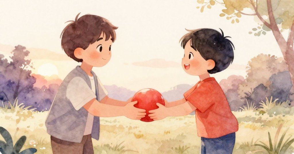 在夕陽下，男孩將紅球溫柔地遞給敘述者，兩人眼神交流流露信賴與喜悅，環境中充滿溫馨與平靜的氣氛。