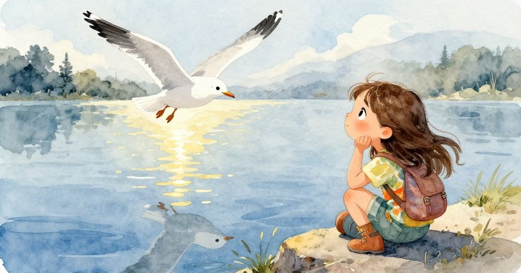 安娜站在寧靜湖邊欣賞優雅海鷗飛翔，湖面清晰倒映海鷗身影，呈現平和與靜謐之美。