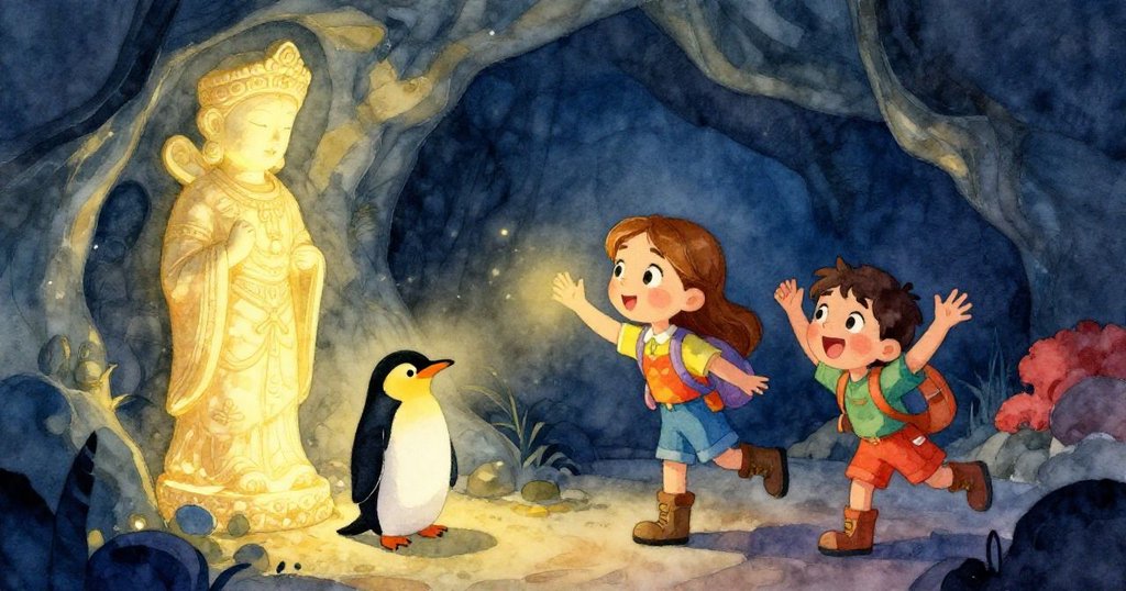 安娜與朋友在隱秘山洞內發現發光雕像與耐心企鵝，她們好奇互動，神秘光芒營造奇幻感。