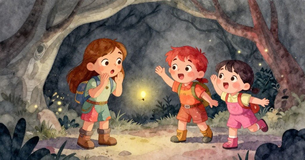 洞內暗影初起，安娜與朋友注視著明亮螢火蟲，手勢互動透露出緊張與細膩期待。