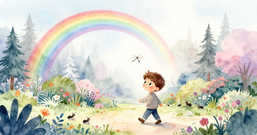 亞歷克斯在充滿繽紛花朵與彩虹的花園中漫步,龍蜻蜓飛舞,場景溫柔且充滿晨霧與生機。