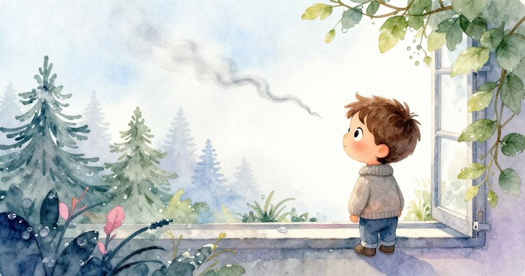 亞歷克斯透過覆滿露珠的樹葉似窗格凝視遠方袅袅升起的煙霧,神情充滿好奇,展現探險心情和自然之美。