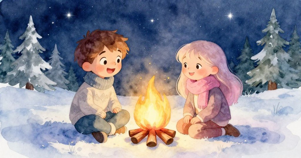 亞歷克斯與米婭在星空下圍坐營火旁,彼此交談微笑,營火與星光營造出溫馨且略帶神秘的夜晚氛圍。