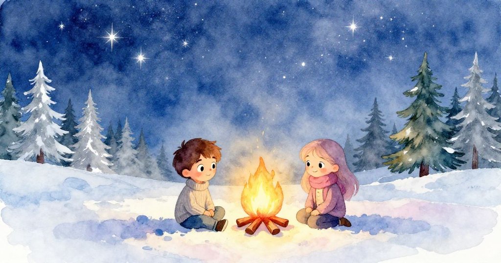 亞歷克斯與米婭坐在營火旁仰望星空,畫面寧靜祥和,星光與火光交輝映出滿足與溫馨的情感。