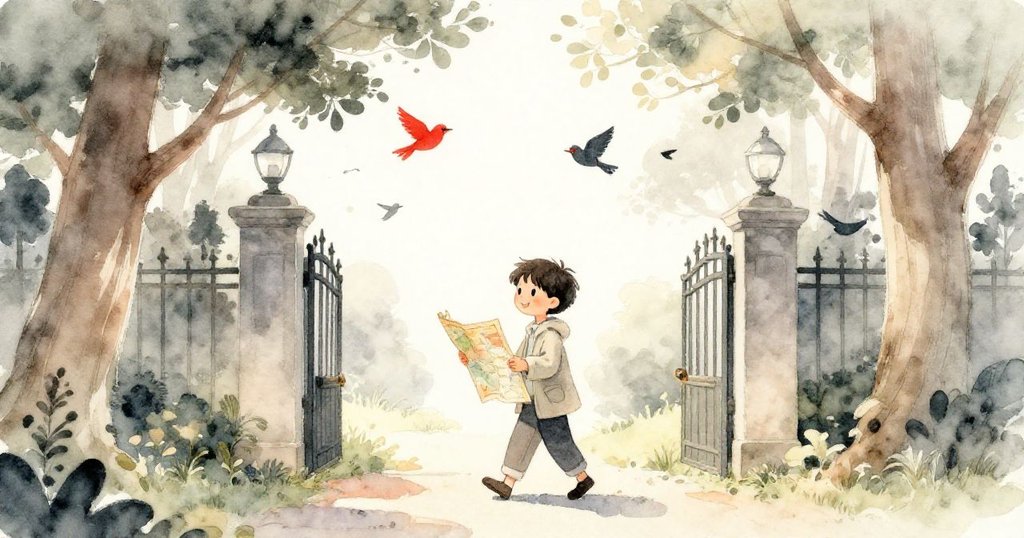 公園守護者走進綠樹環繞的公園入口，手持地圖，神情期待迎向明亮清晨，鳥兒飛舞增添生機。