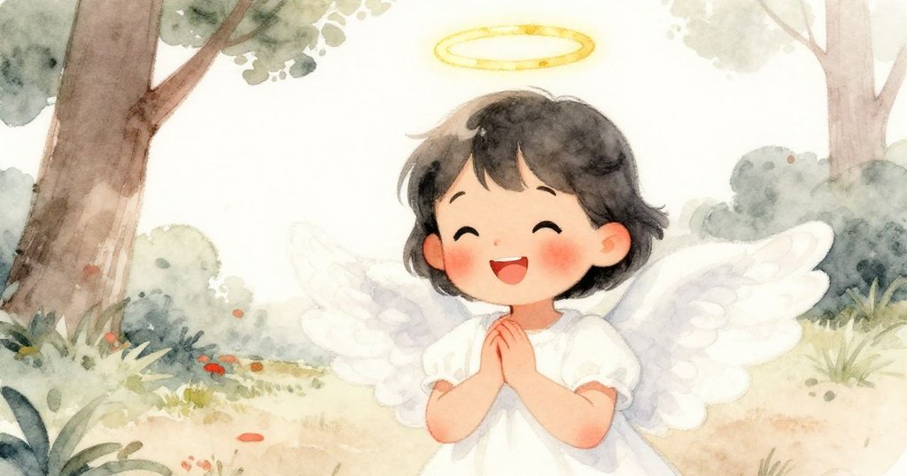 天使小孩在公園角落，面帶燦爛笑容，白色服裝與金色光環閃耀，溫暖晨光襯托出她的快樂神情。