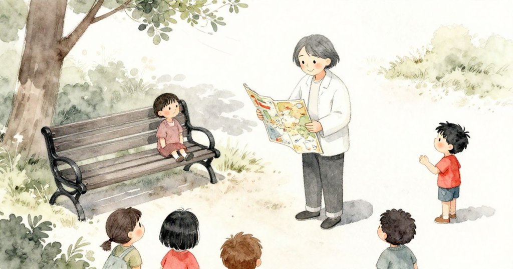 從高角度看公園長椅旁守護者掉落地圖，周圍孩子們驚訝圍觀，輕風吹拂，營造出溫馨又意外的氛圍。