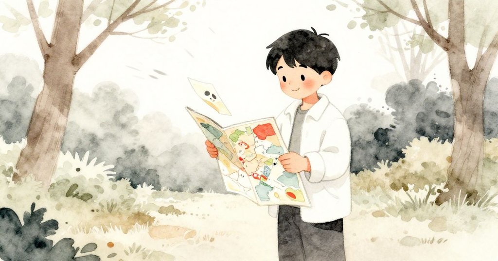 晨光變幻中，公園守護者彎腰檢查地圖，發現神秘字條，表情充滿驚喜與期待，公園樹影搖曳。