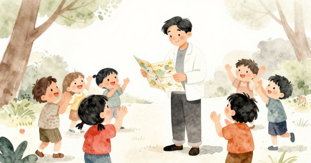 公園守護者與孩子們圍聚互動，守護者閱讀神秘字條，孩子們興奮鼓掌，溫暖晨光中充滿希望和歡樂。