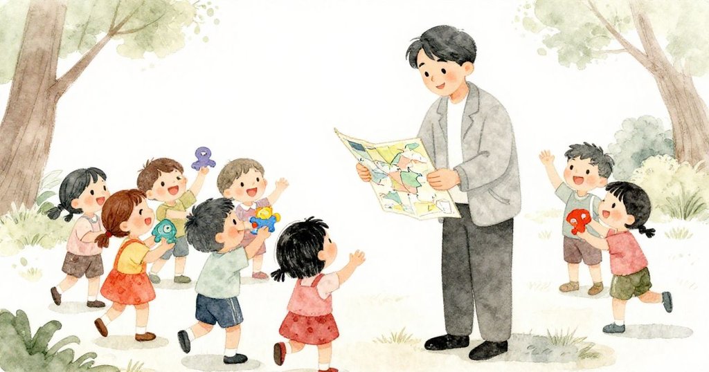 公園守護者微笑著傳遞充滿希望的字條，孩子們手持彩色玩具慶祝，共享快樂與溫暖，細節突出情感交流。