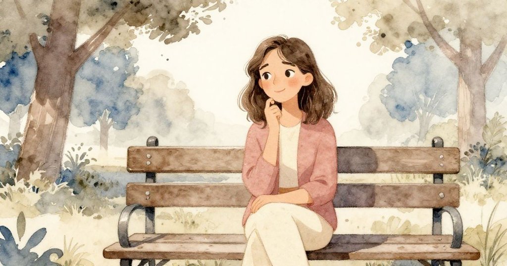 瑪麗娜坐在公園長椅上閱讀舊文件,神情平靜,背景有樹木與飛鳥,展現籌備前的寧靜時刻。