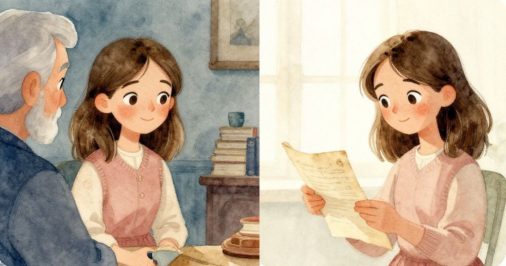 瑪麗娜回憶深夜師長分享智慧,同時凝視手中舊文件,兩種情感交織展現奮進決心。