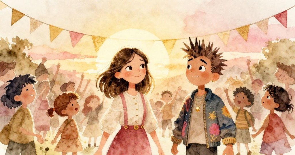 夕陽映照下社區齊聚慶祝團結,瑪麗娜與麥克斯領衆歡呼,溫馨景象迎向美好未來。