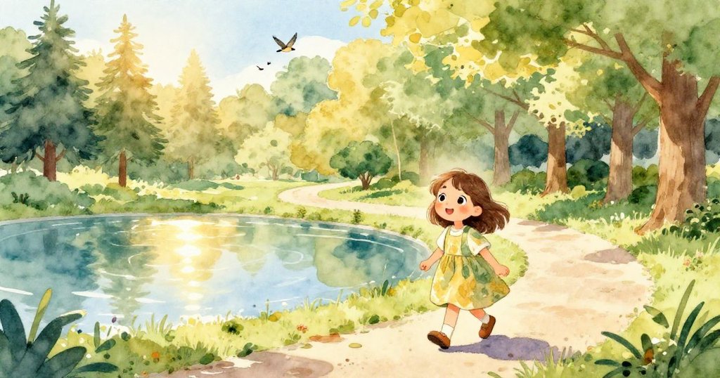 莎拉在陽光下漫步公園，欣賞閃亮池塘與高大松樹，眼中滿是平靜與期待，展開冒險前奏。