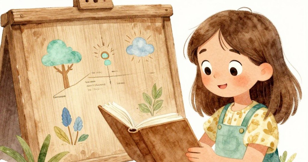 莎拉俯身閱讀社區布告板上古樸木紋海報，目光專注好奇，細膩溫暖的質感展現故事發展。