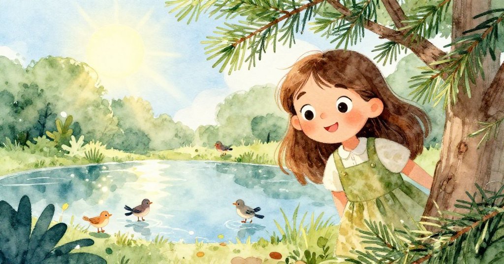 莎拉透過松樹枝間的天然窗戶凝望閃光池塘和飛舞的小鳥，眼中滿懷期待與奇妙，環境明亮生動。